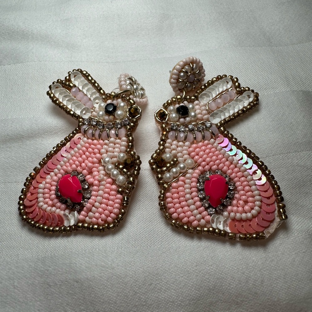 Pink Beaded Bunny Drop Earrings - Women Jewelry